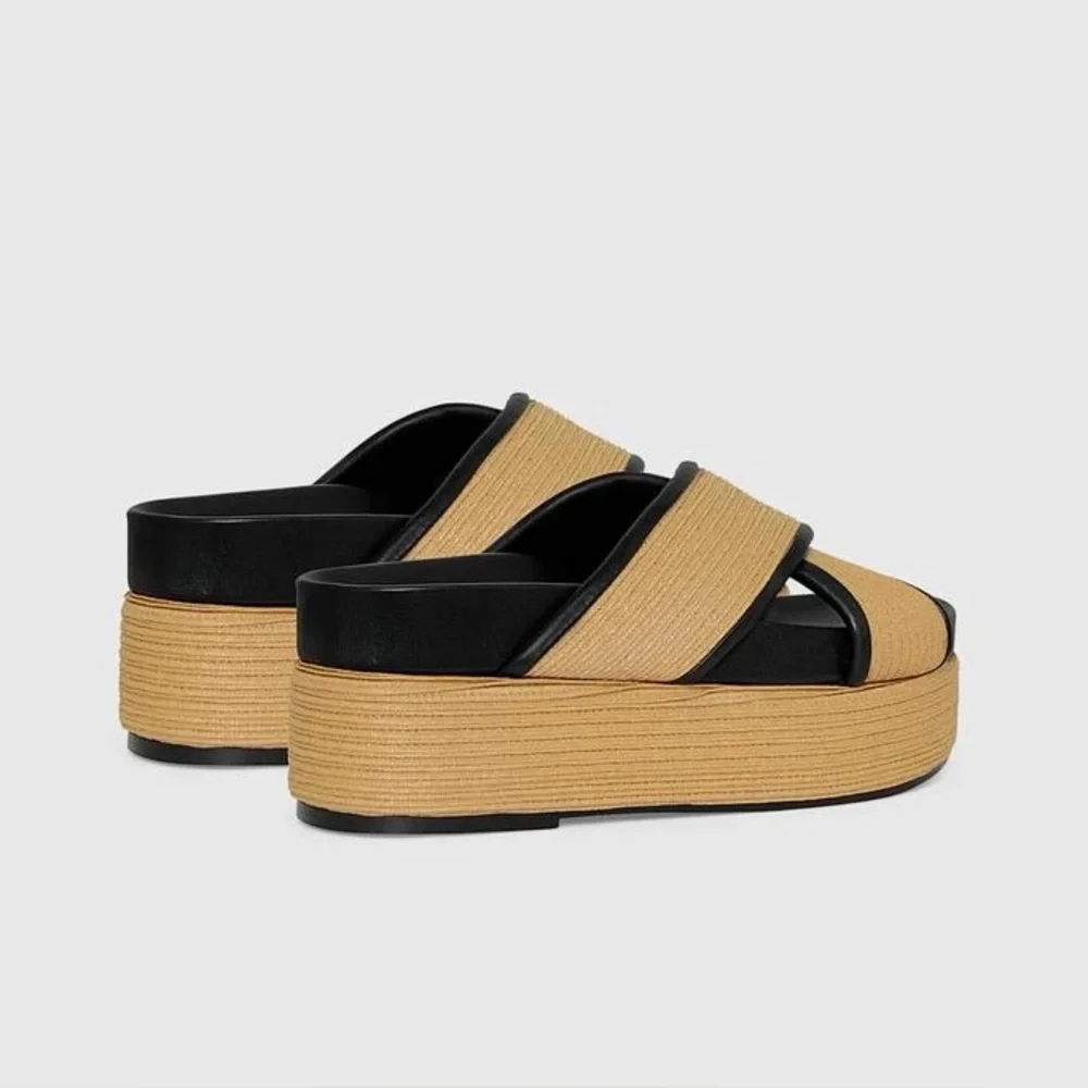 Rebecca Minkoff Platform Raffia Slide Tan and Black Sandals 9